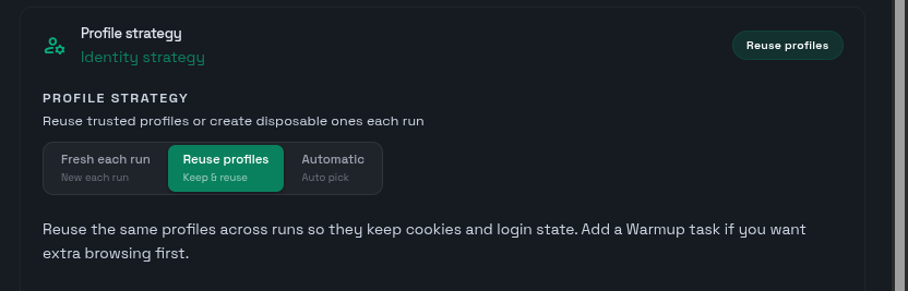 Profile strategy selector showing Disposable, Trusted Identities, and Adaptive modes