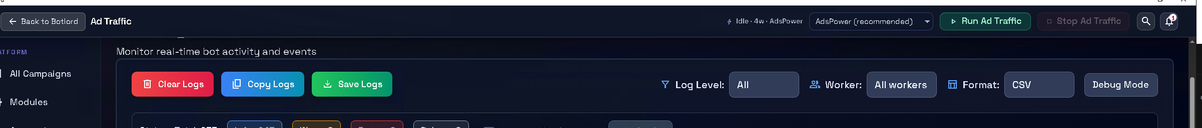 Bot logs showing per-step session output