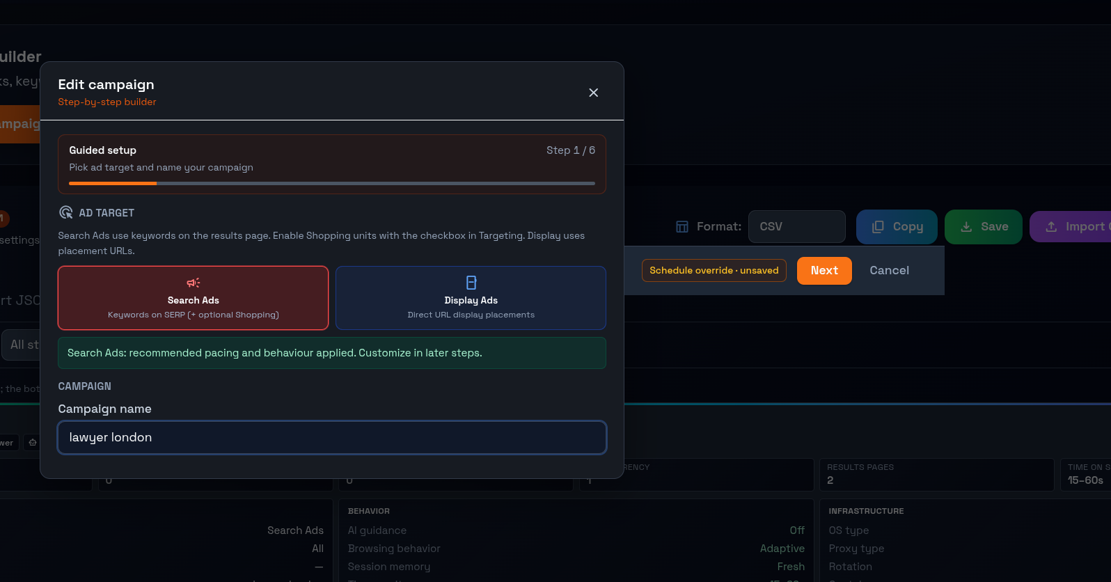 Ads traffic campaign builder — step 1 targeting