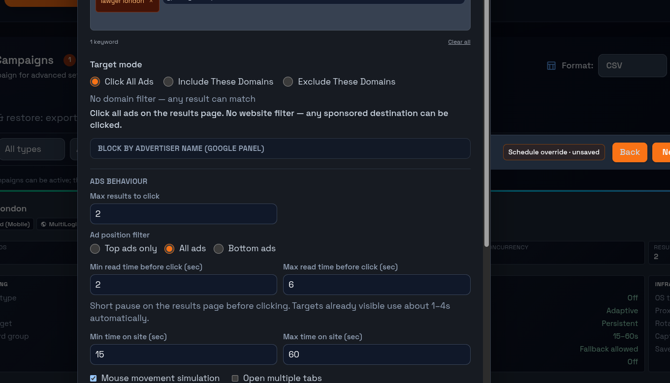 Targeting options panel showing task type selection
