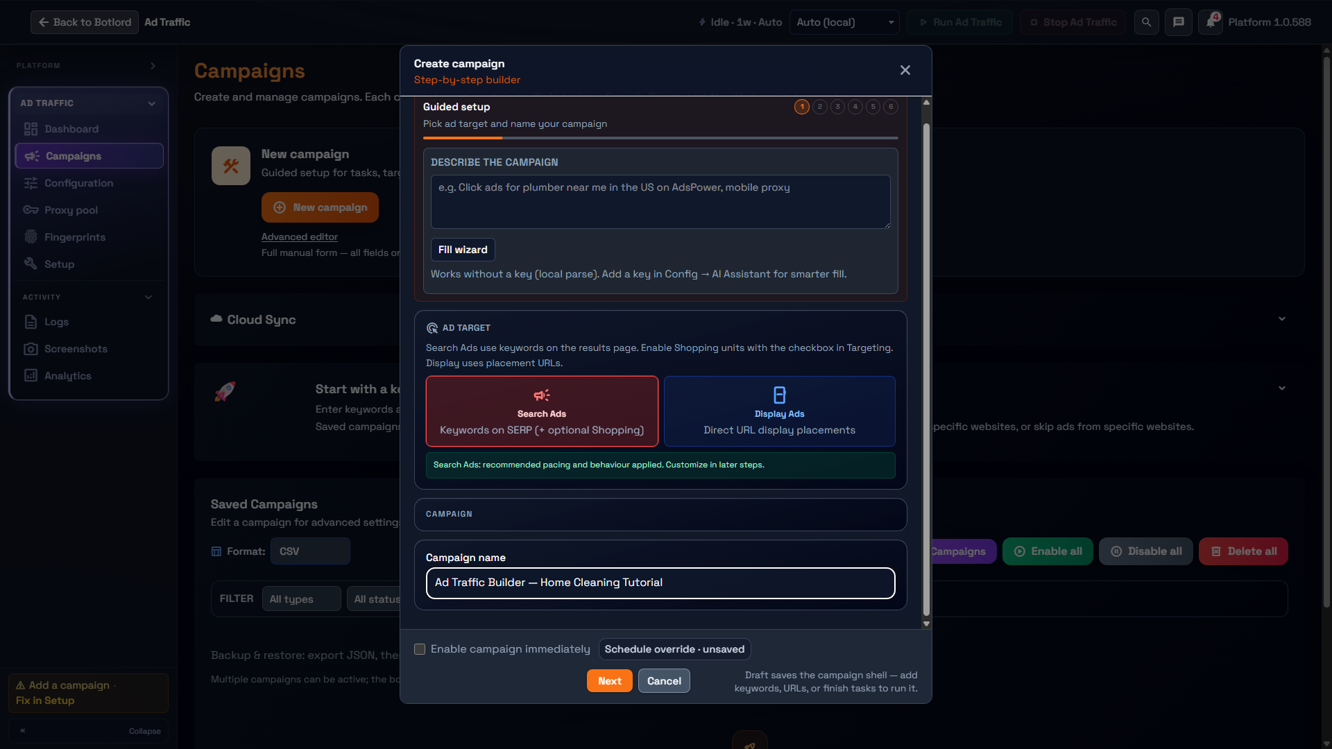 Ad Traffic campaign details with a named draft and activation unchecked