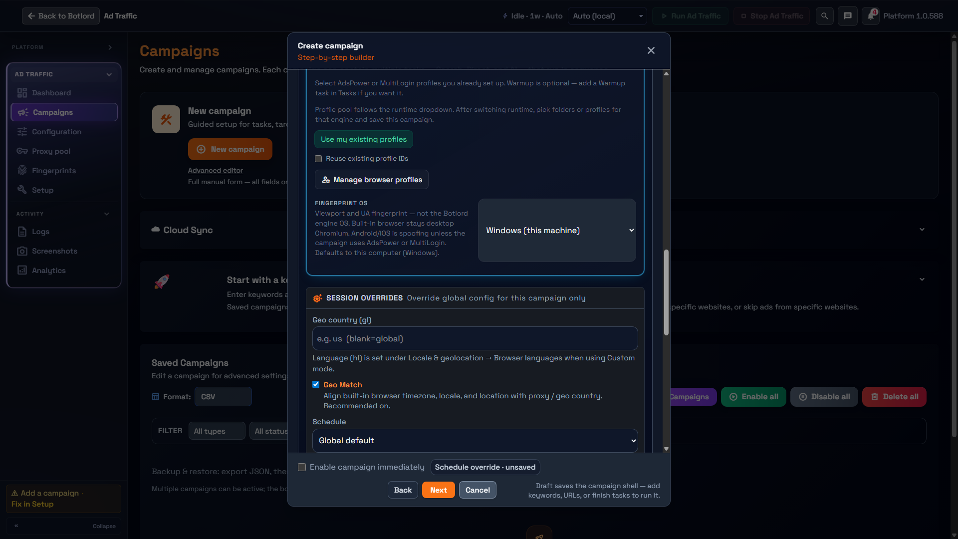 Campaign schedule override with Global default and custom schedule choices