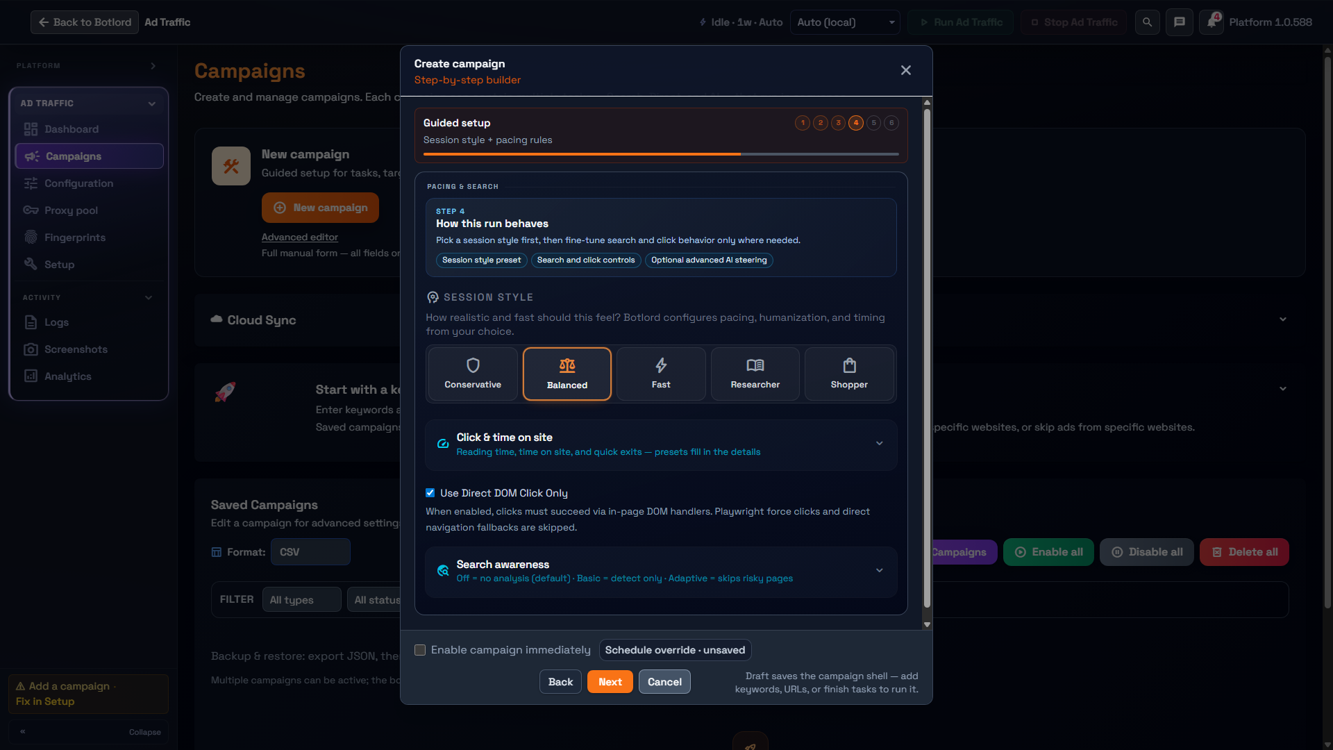 Ad Traffic Behavior step and session style presets