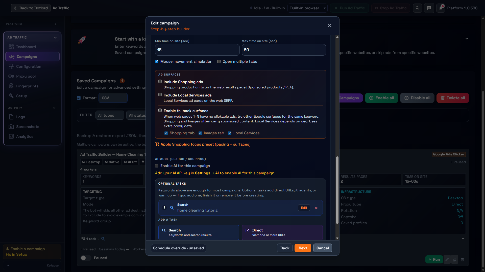Optional Search, Direct, AI and Warmup tasks in Ad Traffic