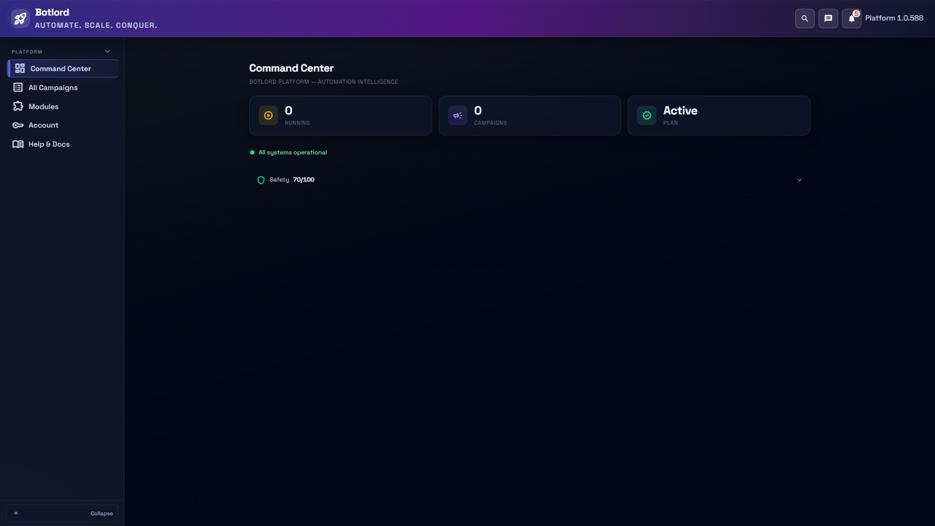 Botlord Platform shell and Command Center
