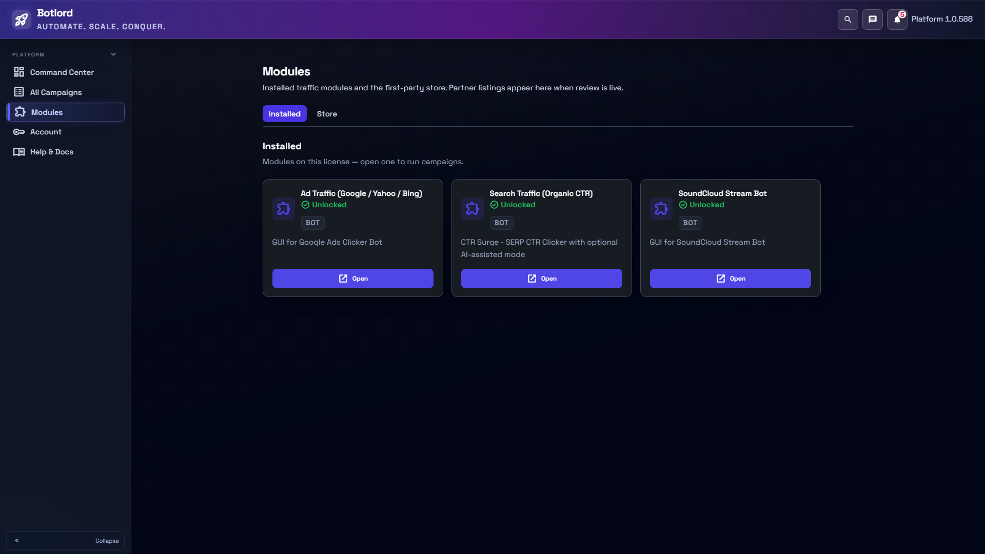 Installed Ad Traffic, Search Traffic and SoundCloud module cards