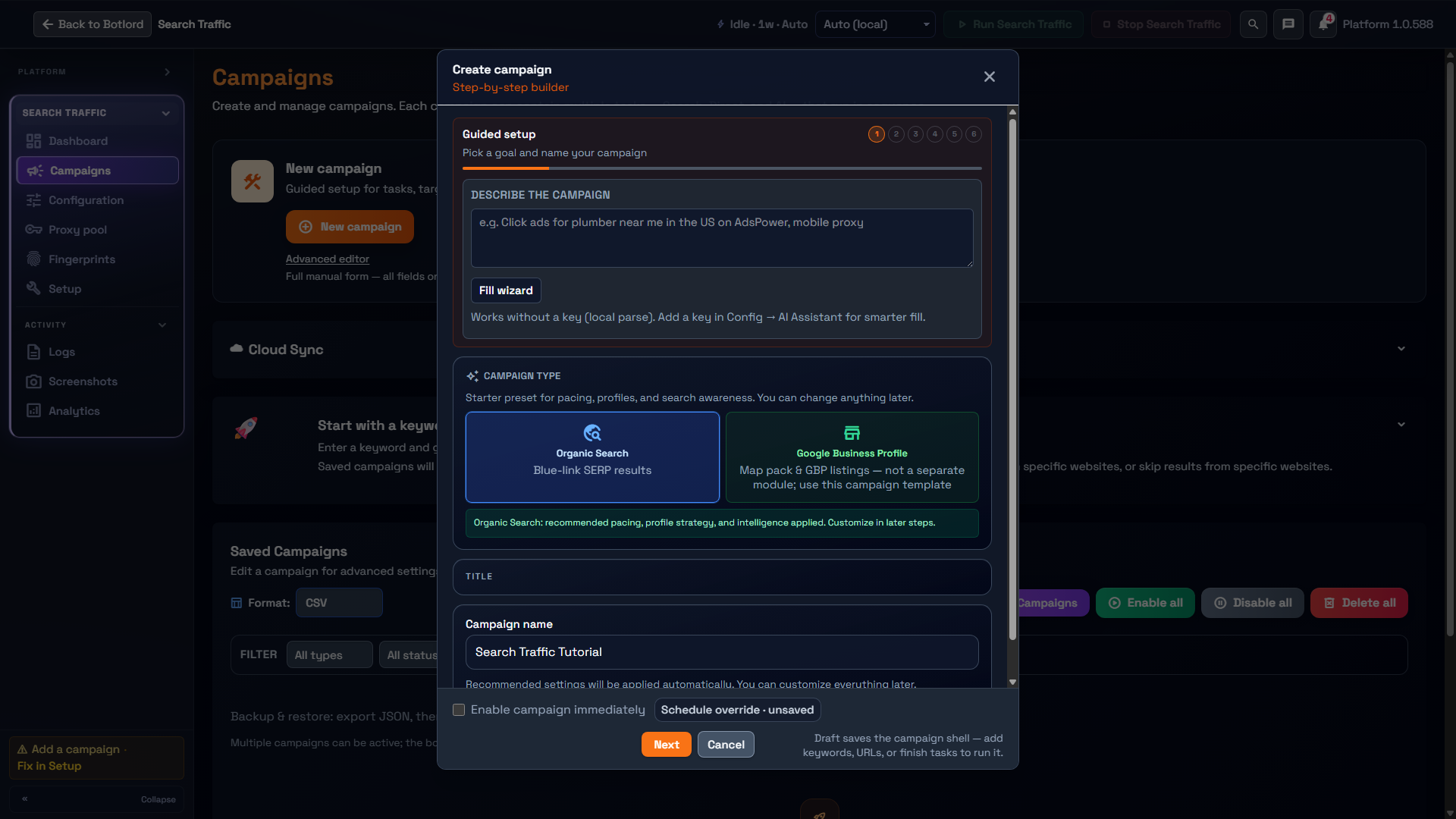 Search Traffic campaign details with Organic Search selected