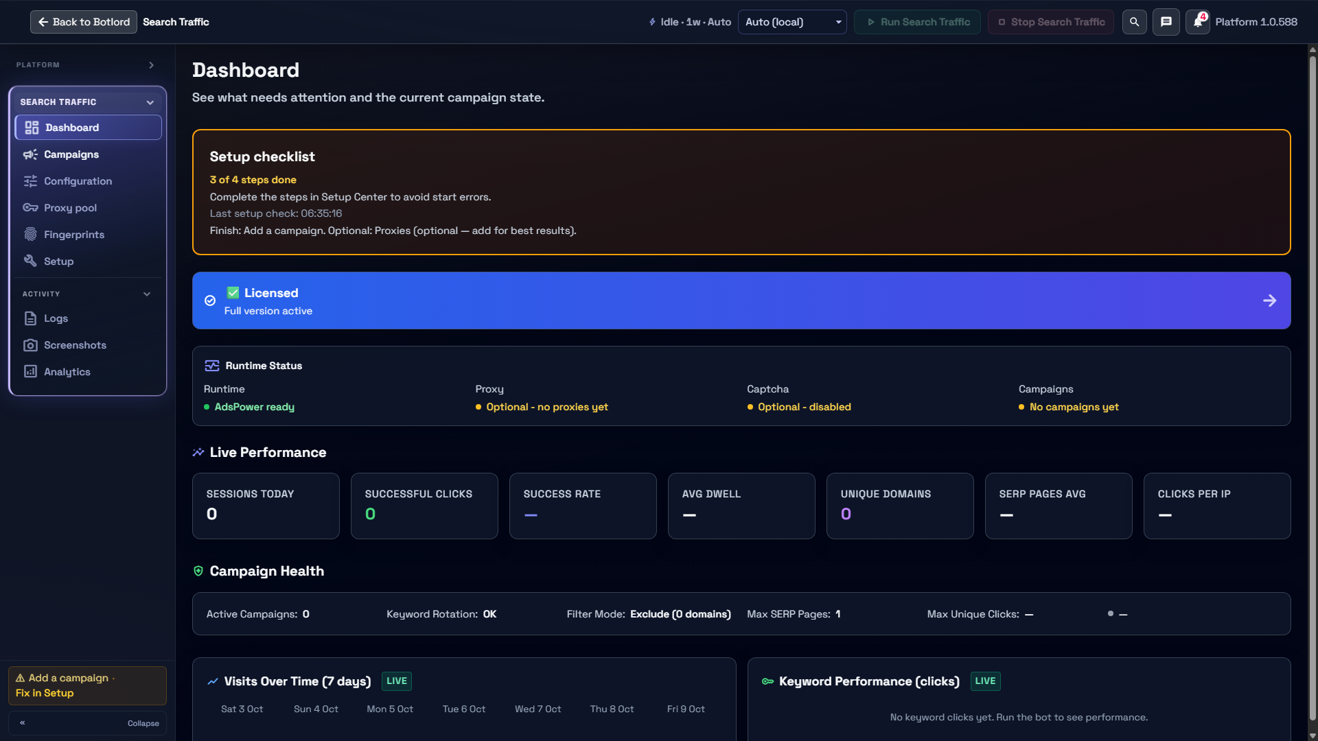 Search Traffic dashboard and setup readiness