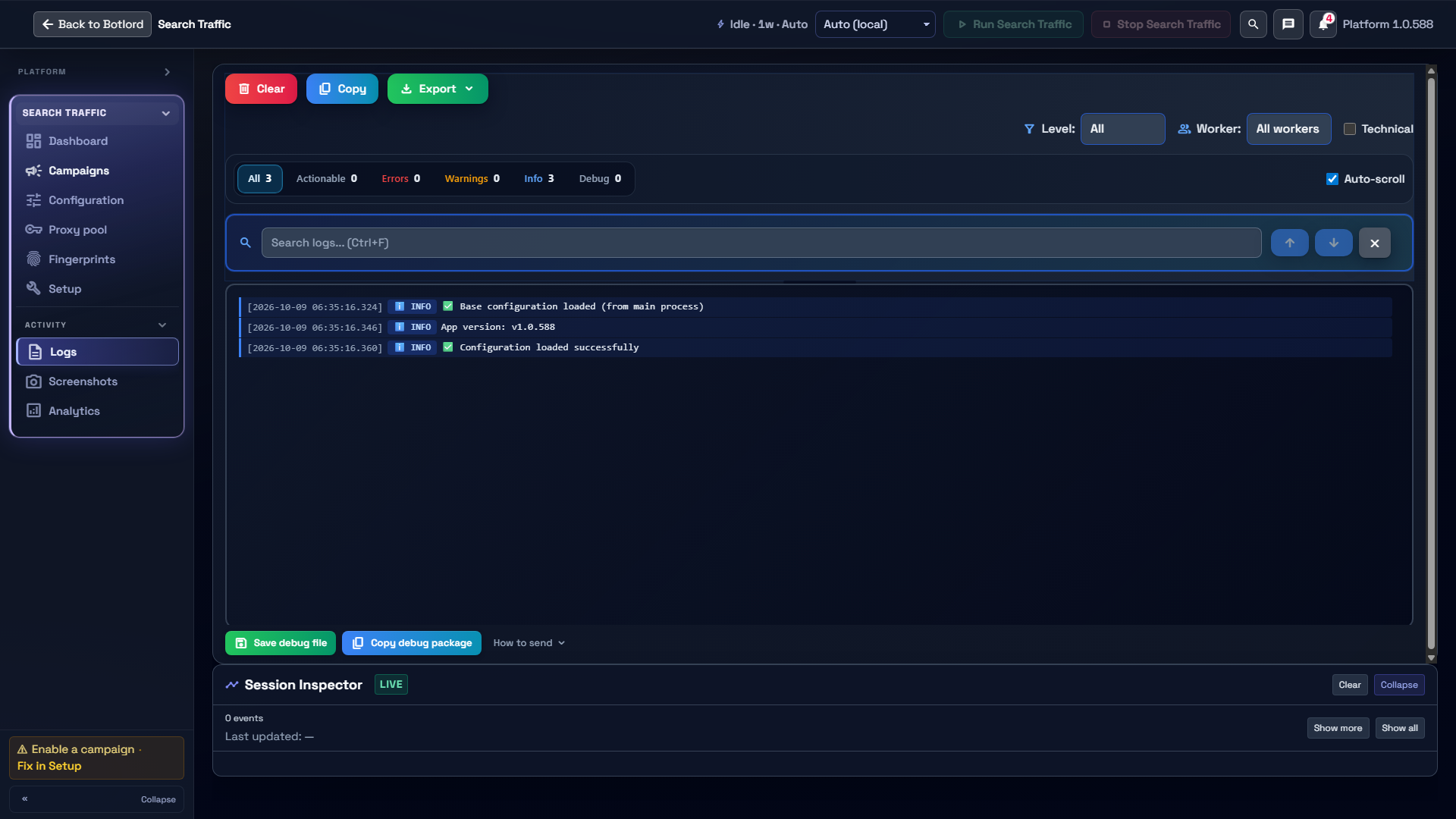 Search Traffic Logs with filters and configuration startup events
