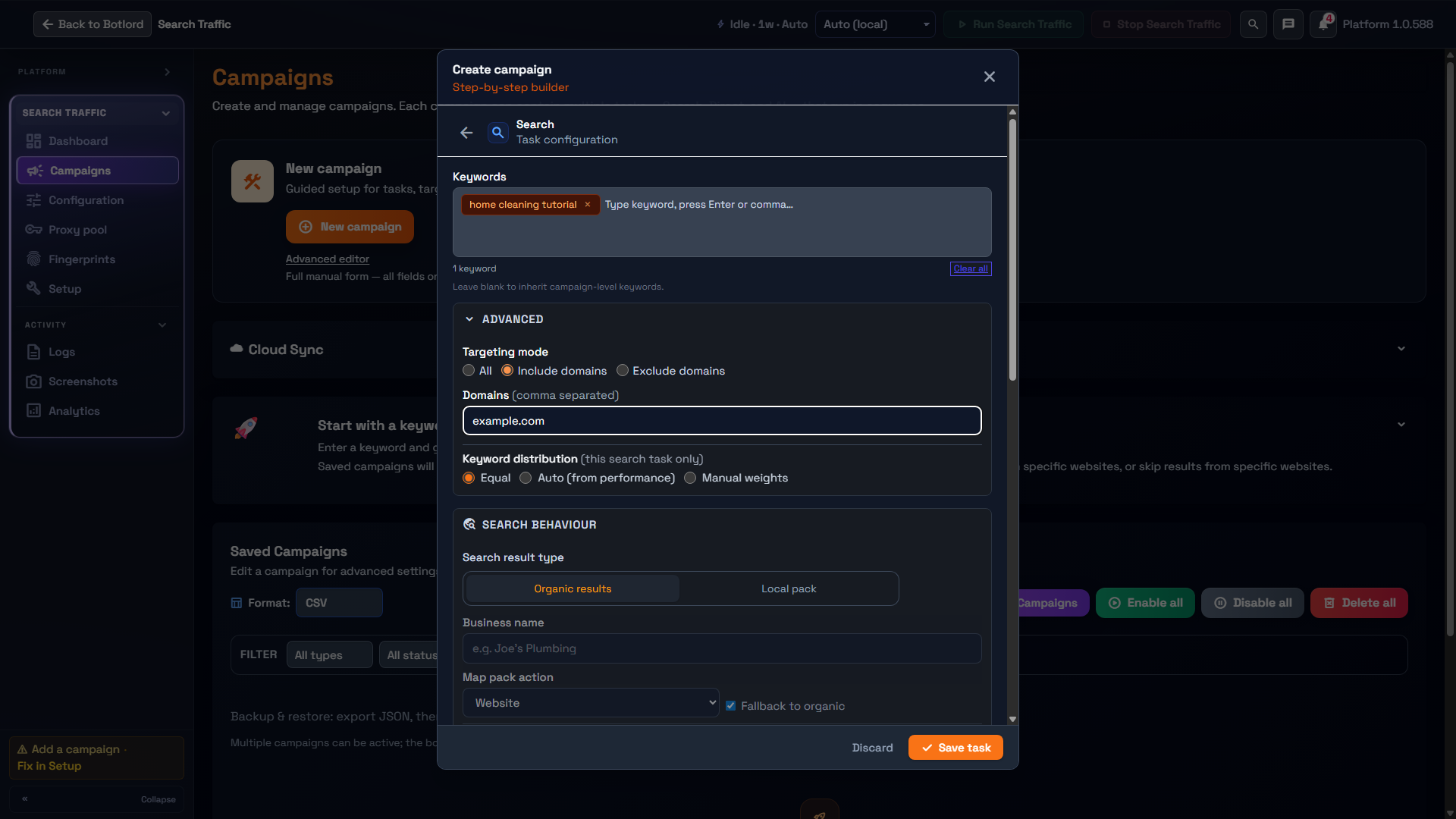 Search task editor with keyword and Include domains settings