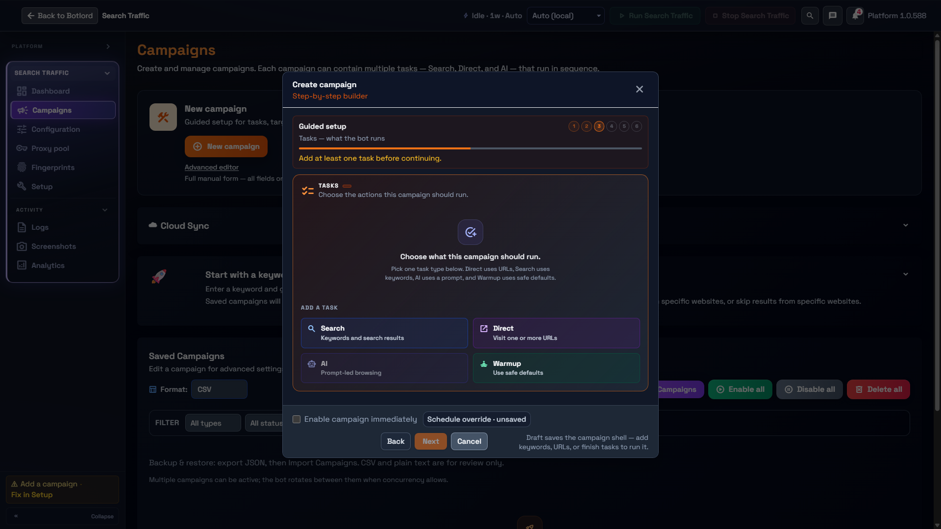 Search Traffic Tasks step with Search, Direct, AI and Warmup choices