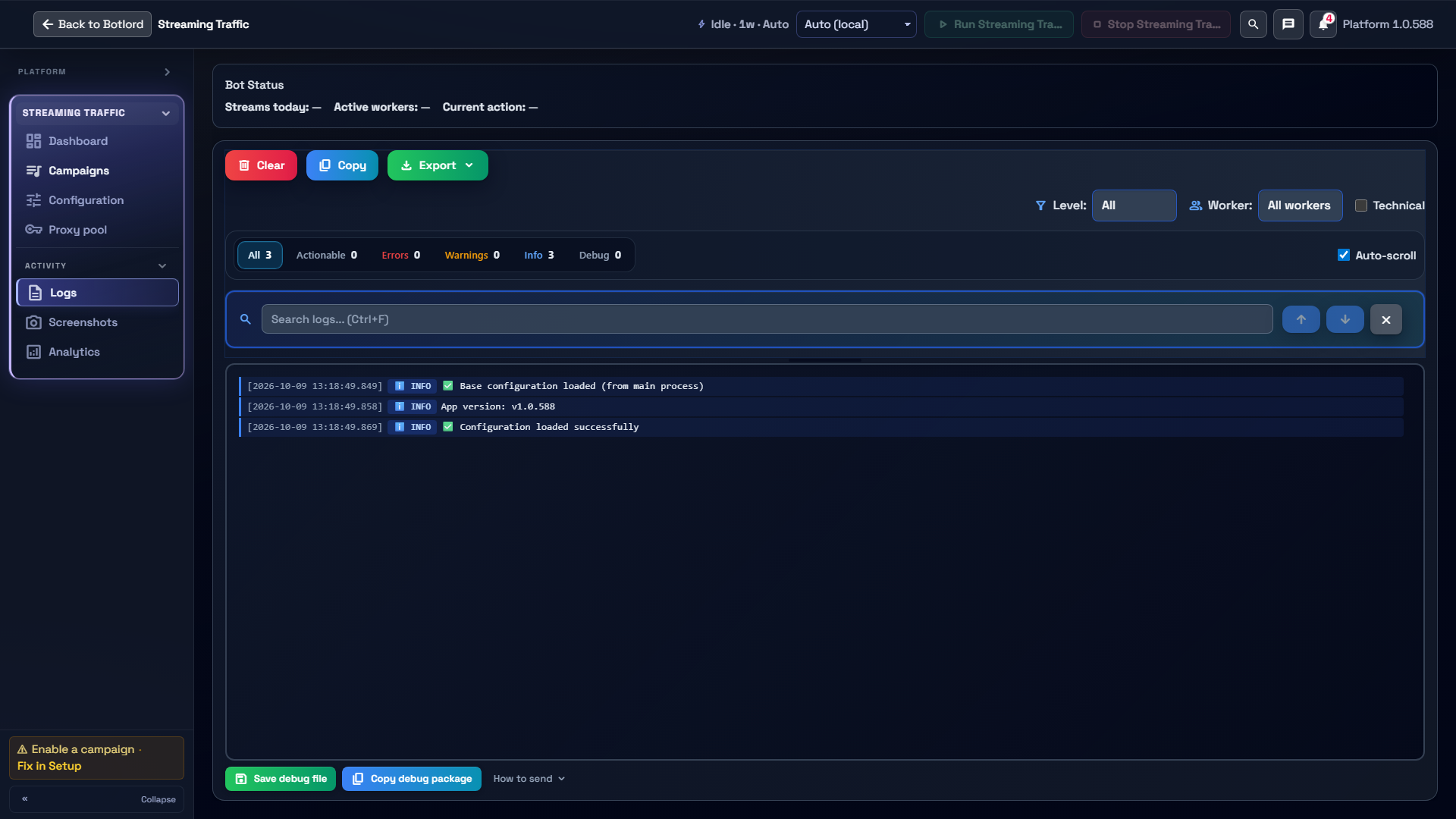 Streaming Traffic Logs with configuration startup messages