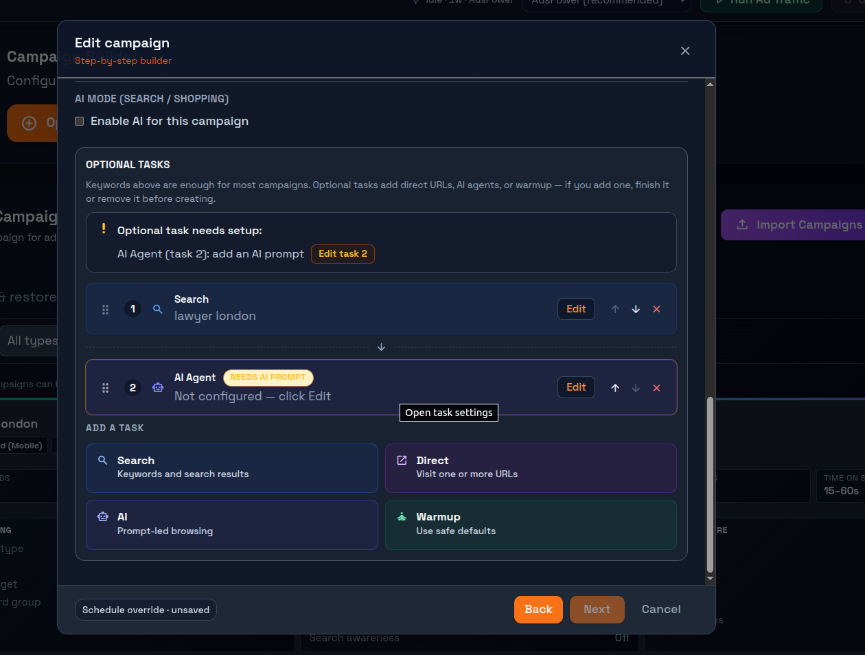 Task types overview showing Search, Direct, Warmup, and AI Agent options
