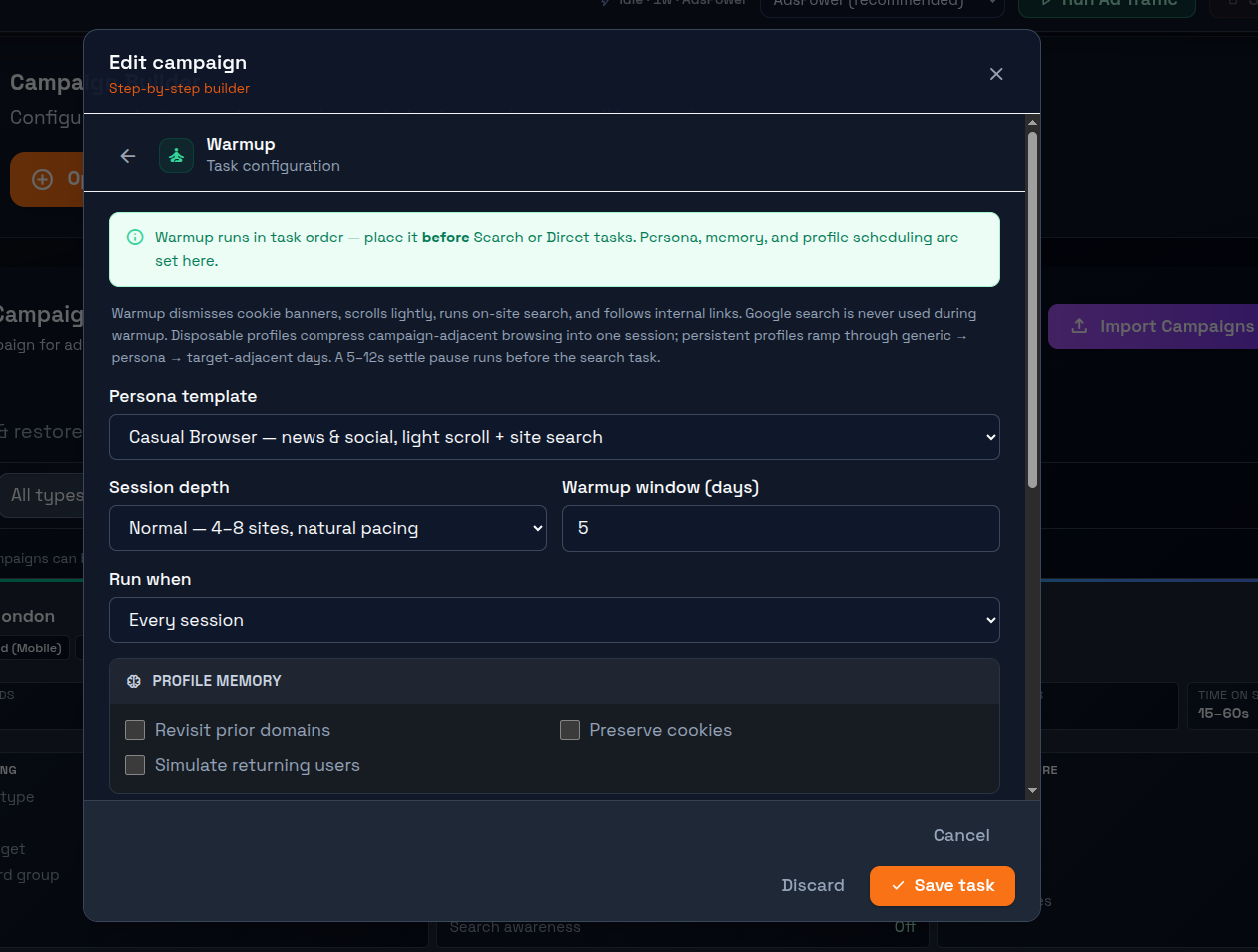 Warmup task configuration panel with template selector