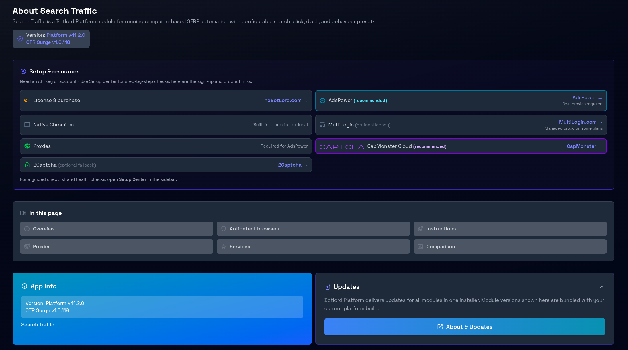 Module info panel showing available SERP engines