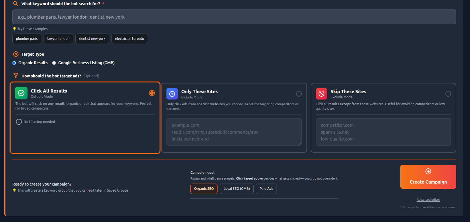 Quick campaign setup with keyword and target URL fields